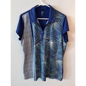 EP New York Women's Golf Shirt Polo Blue Geometric Size XL Cap Sleeve Pickleball